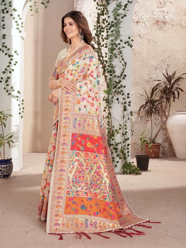 Noor-e-Kashmir Pashmina Silk Saree - Elegant White Ethnic Wear for Special Occasions - Sareeze