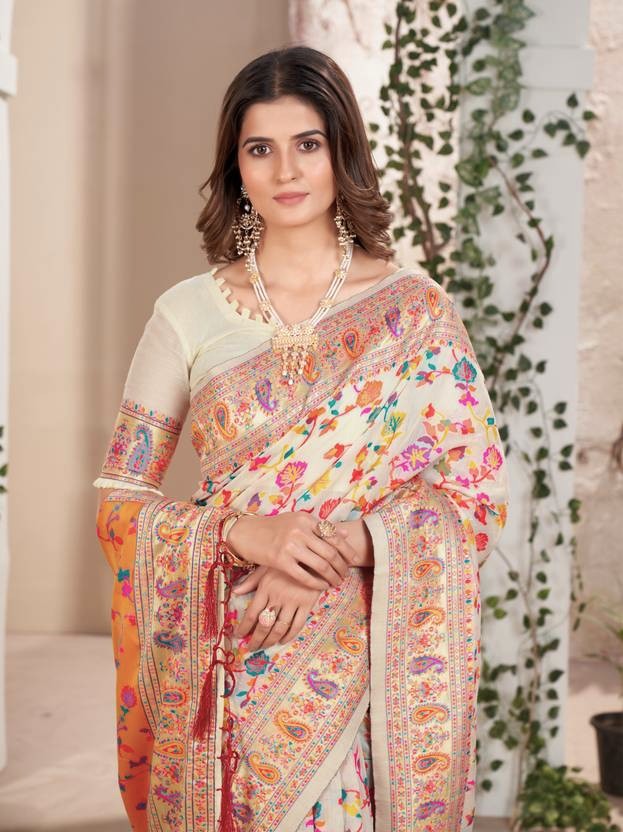 Noor-e-Kashmir Pashmina Silk Saree - Elegant White Ethnic Wear for Special Occasions - Sareeze