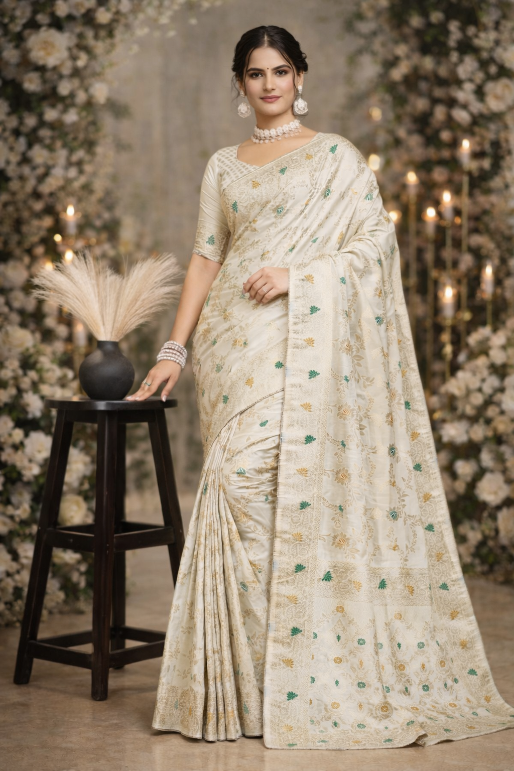 White Banarasi Silk Saree with Gold Zari