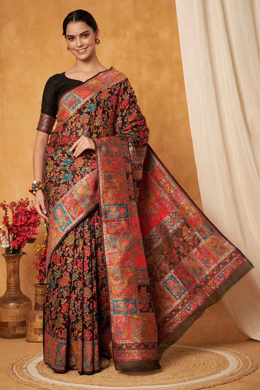 Black Multicolor Woven Kashmiri Jamewar Saree