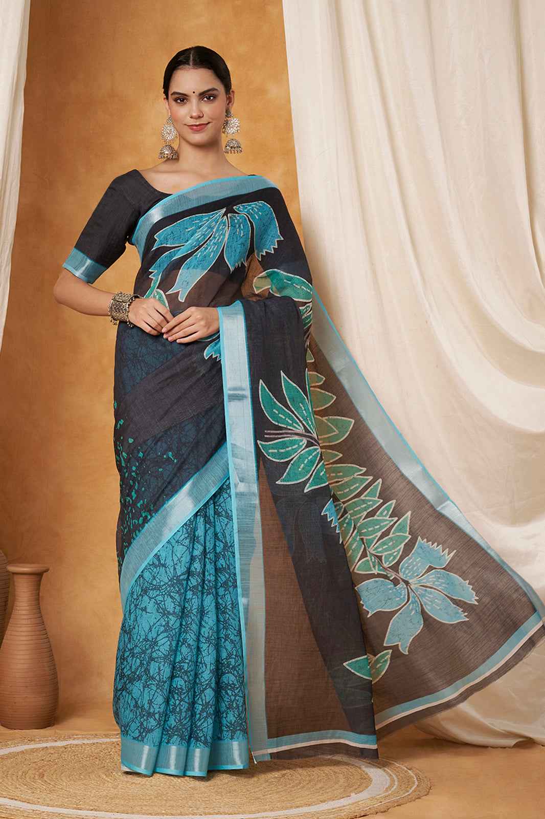Sapphire Leaf Linen Saree