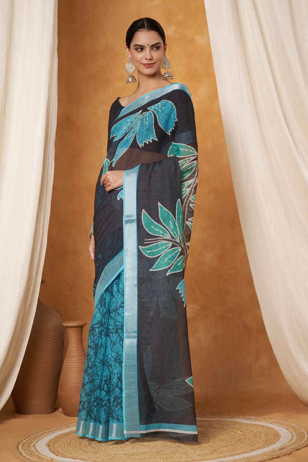 Sapphire Leaf Linen Saree