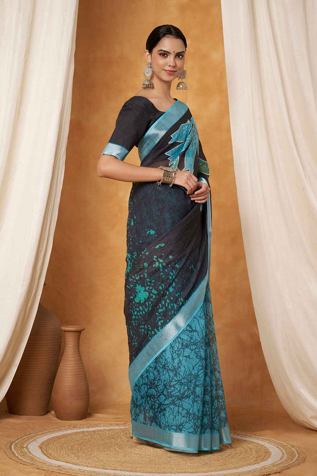 Sapphire Leaf Linen Saree