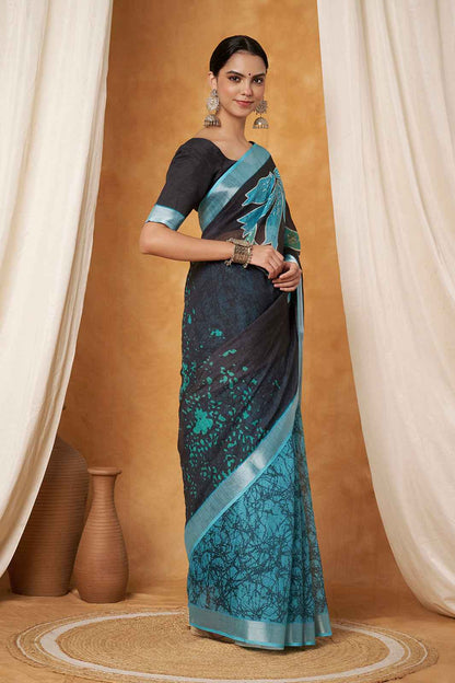 Sapphire Leaf Linen Saree