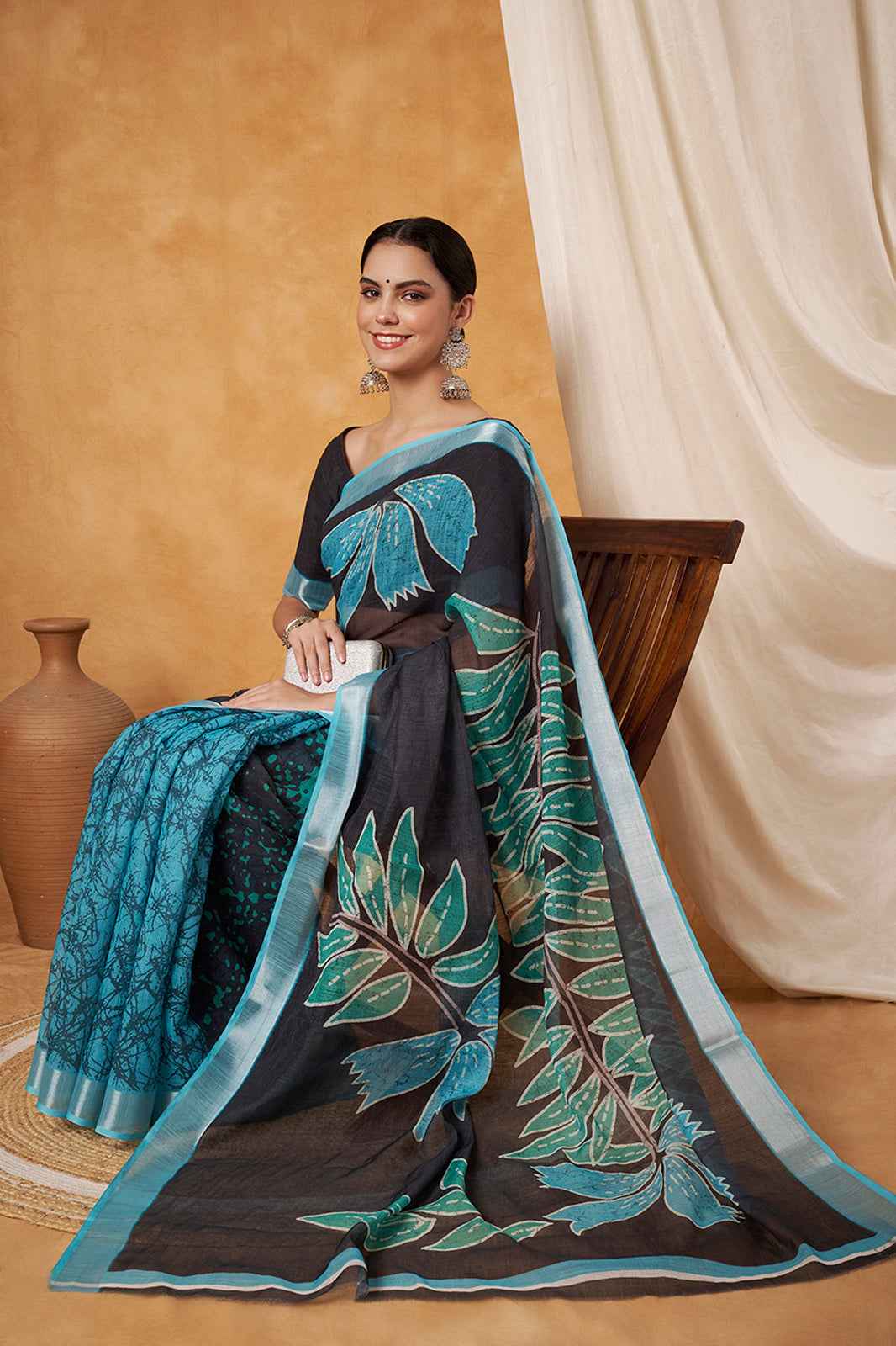 Sapphire Leaf Linen Saree