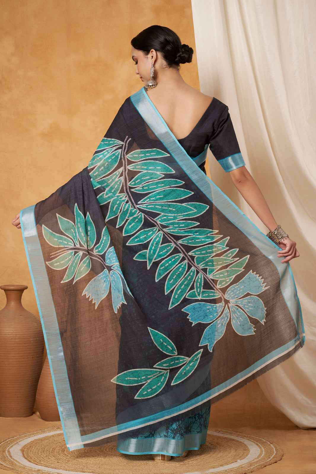 Sapphire Leaf Linen Saree