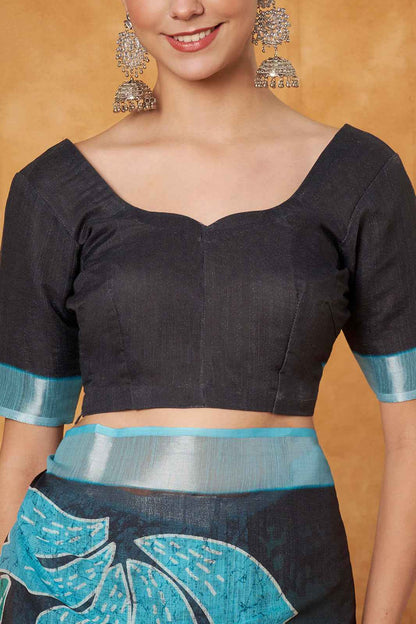 Sapphire Leaf Linen Saree