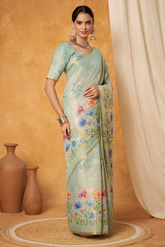 Seafoam Bloom Linen Embroidery Saree