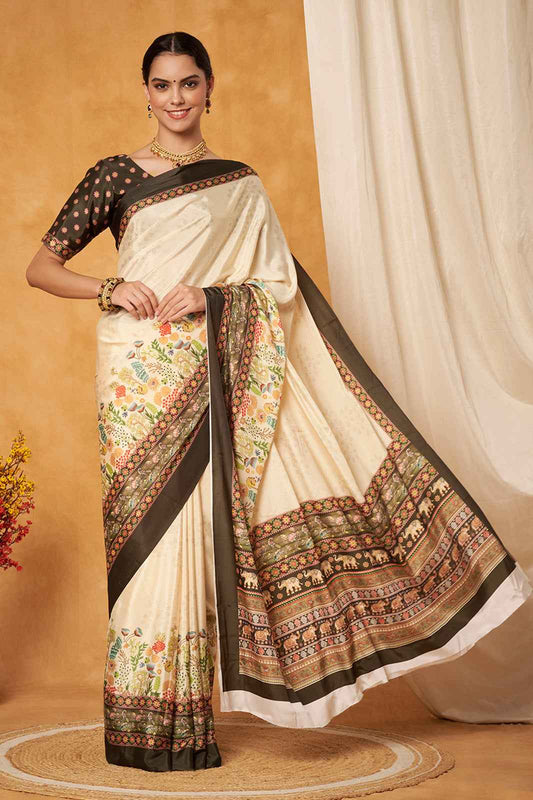 Classic Cream Soft Silk Saree with Elephant Motif Border