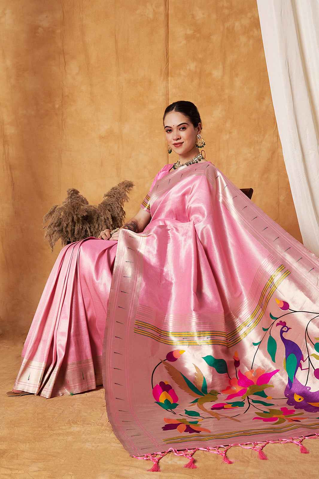 Pink Silk Paithani Saree - Traditional Weaving Design in Elegant Pink