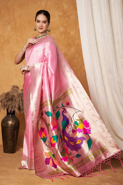 Pink Silk Paithani Saree - Traditional Weaving Design in Elegant Pink