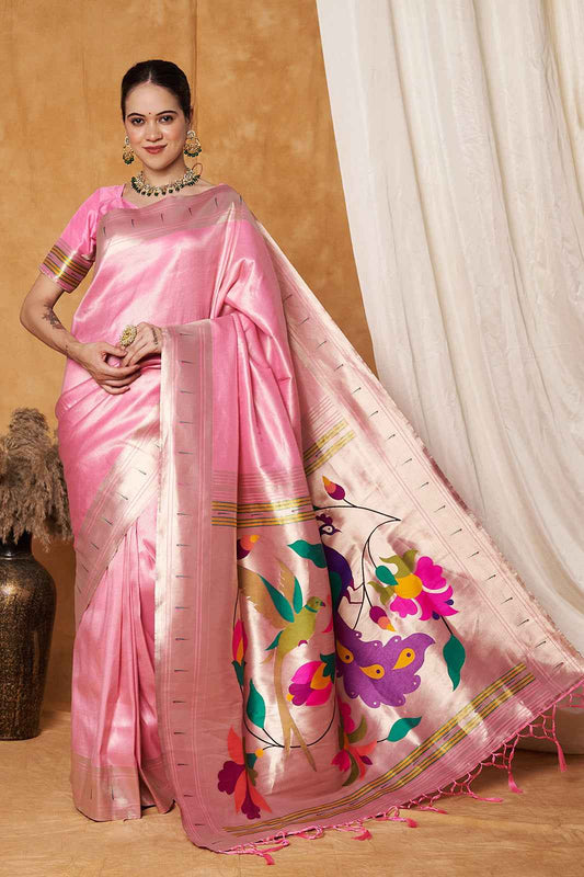 Pink Silk Paithani Saree - Traditional Weaving Design in Elegant Pink