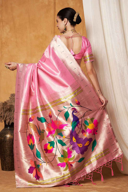 Pink Silk Paithani Saree - Traditional Weaving Design in Elegant Pink