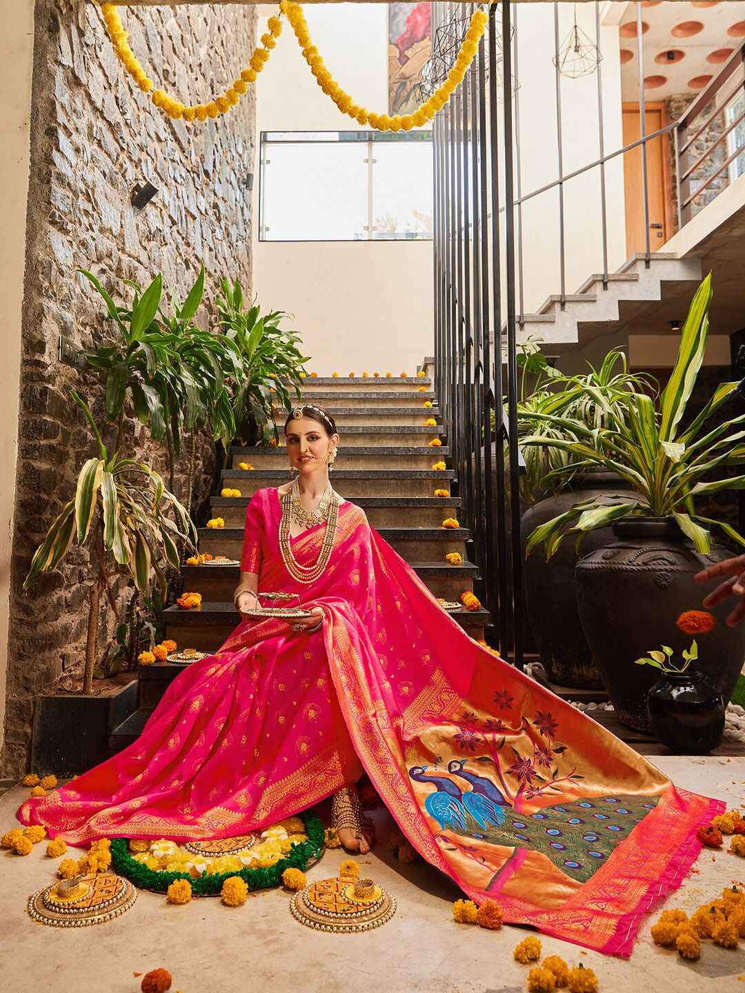 Royal Pink Peacock Paithani Silk Blend Saree