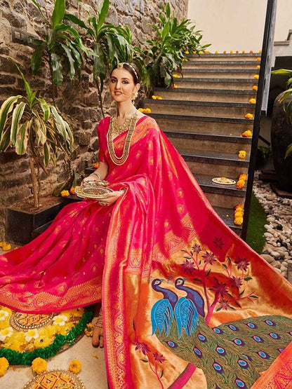 Royal Pink Peacock Paithani Silk Blend Saree