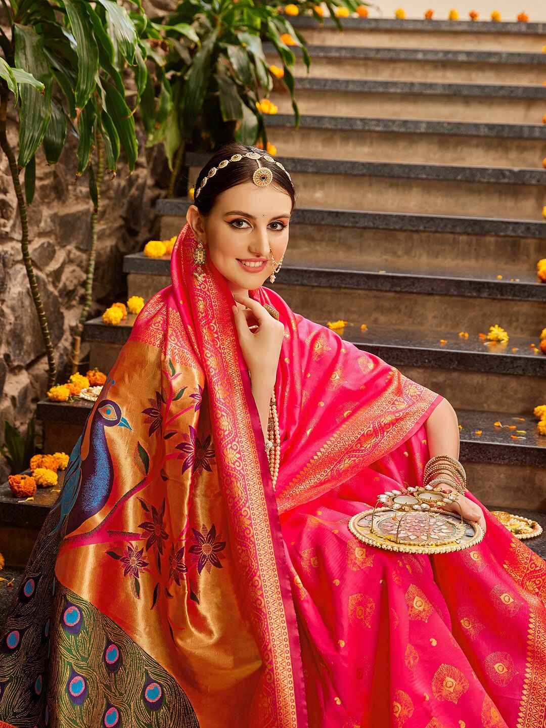 Royal Pink Peacock Paithani Silk Blend Saree