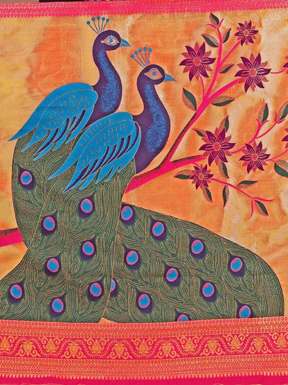 Royal Pink Peacock Paithani Silk Blend Saree