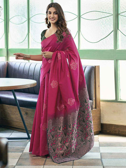 Premium Pink Jacquard Woven Silk Blend Saree with Contrast Border