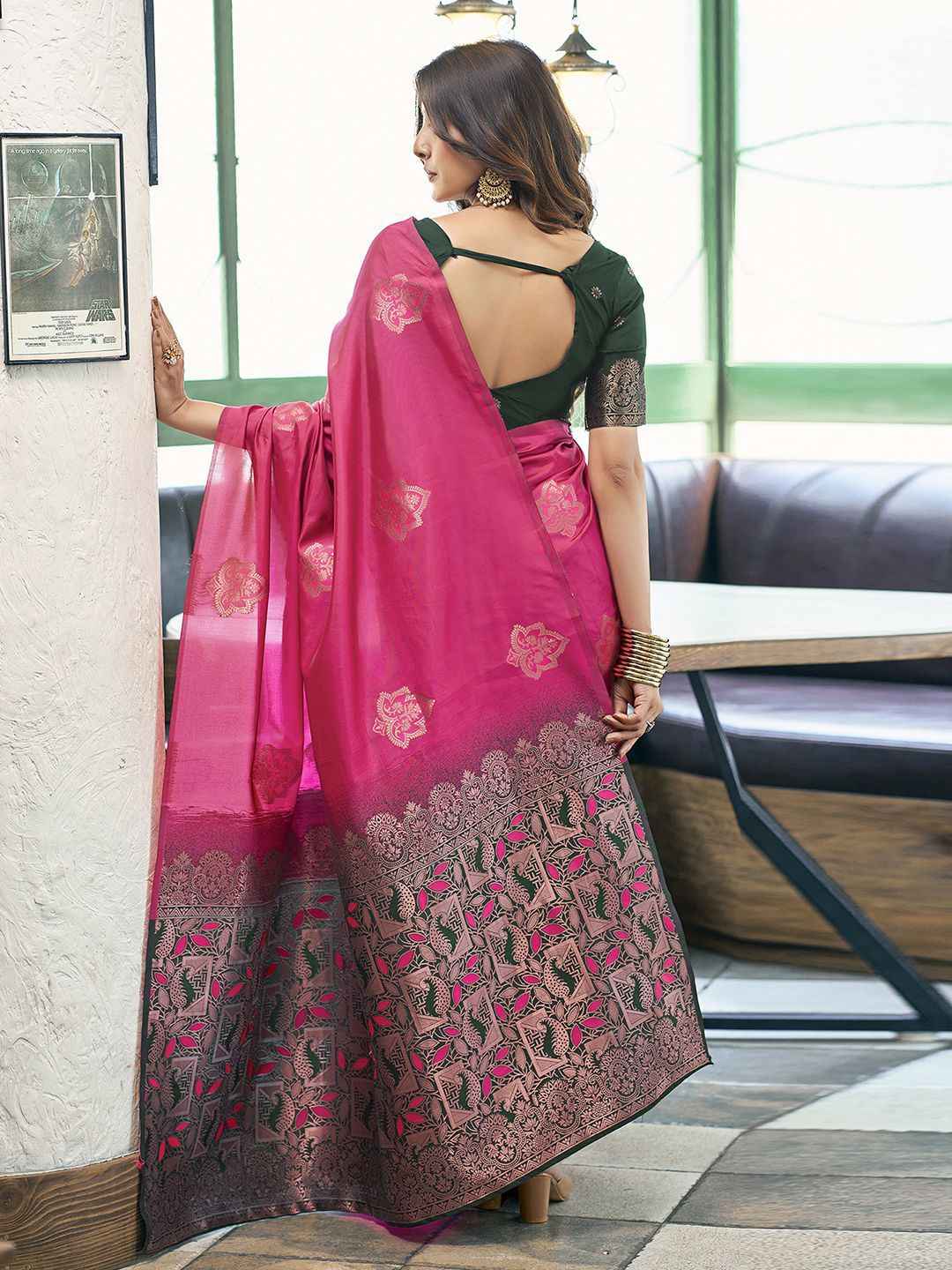 Premium Pink Jacquard Woven Silk Blend Saree with Contrast Border
