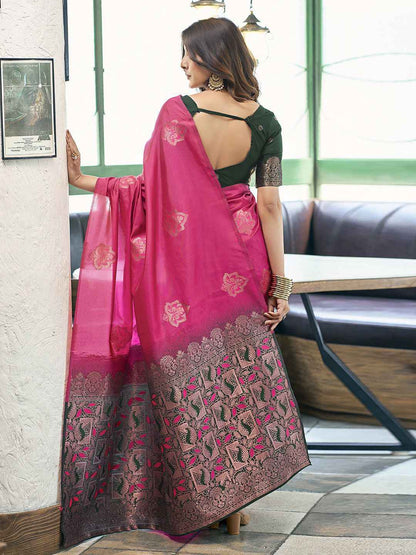 Premium Pink Jacquard Woven Silk Blend Saree with Contrast Border