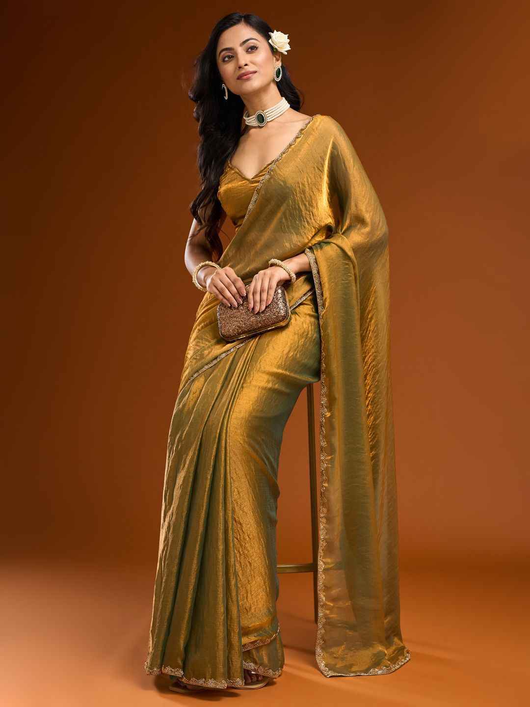 Premium Gold Embellished Silk Saree with Border Work