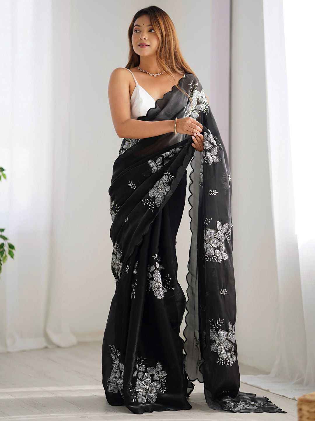 Midnight Sparkle Black Sequinned Organza Saree