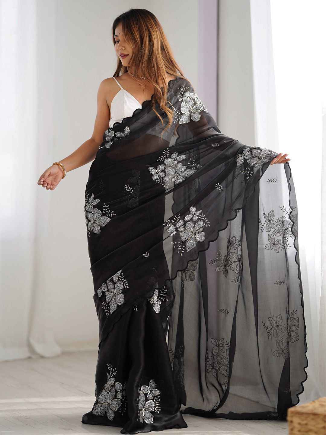 Midnight Sparkle Black Sequinned Organza Saree