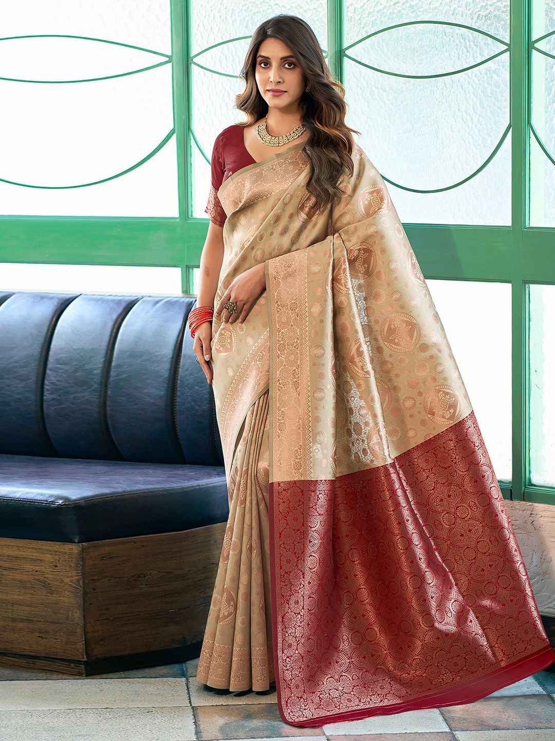 Elegant Beige & Brown Zari Woven Silk Blend Saree with Woven Border