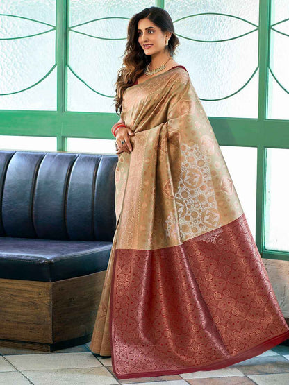 Elegant Beige & Brown Zari Woven Silk Blend Saree with Woven Border