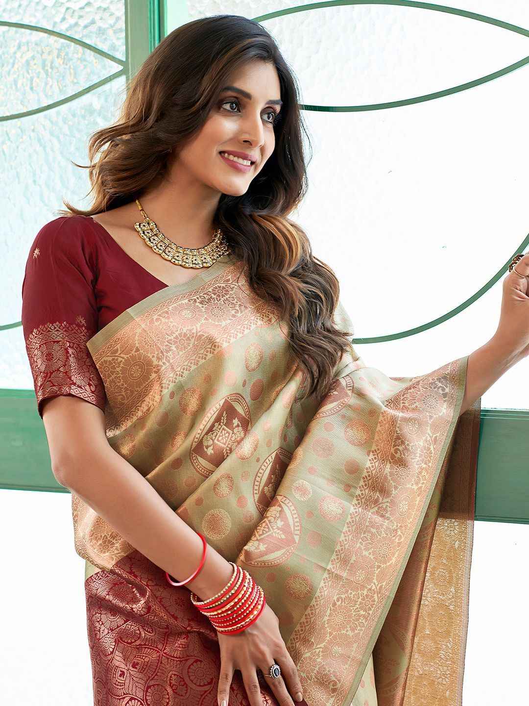 Elegant Beige & Brown Zari Woven Silk Blend Saree with Woven Border