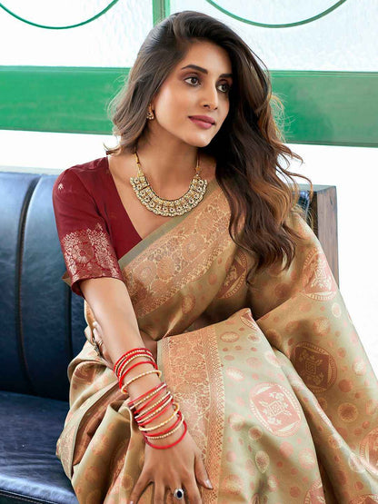 Elegant Beige & Brown Zari Woven Silk Blend Saree with Woven Border