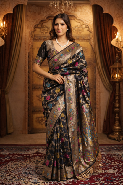 Black Banarasi Silk Saree with Multicolor Buta & Zari Weave