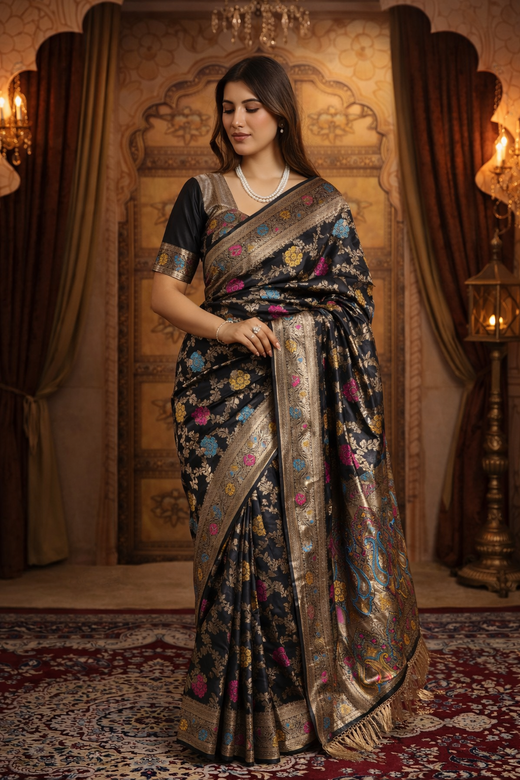 Black Banarasi Silk Saree with Multicolor Buta & Zari Weave