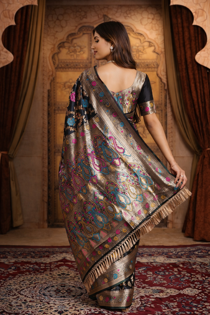 Black Banarasi Silk Saree with Multicolor Buta & Zari Weave