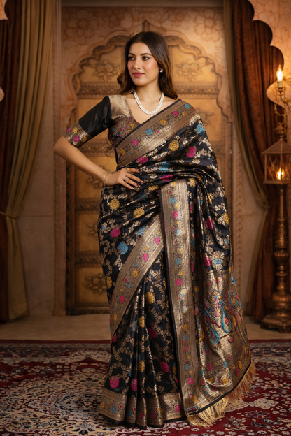 Black Banarasi Silk Saree with Multicolor Buta & Zari Weave