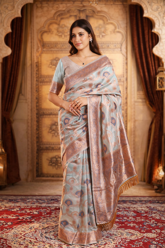 Mint Banarasi Silk Saree with Rose-Gold Zari Weave & Paisley Buta