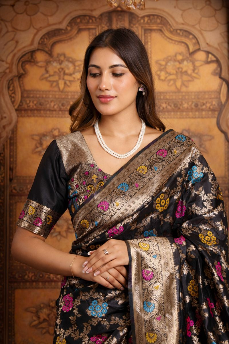 Black Banarasi Silk Saree with Multicolor Buta & Zari Weave