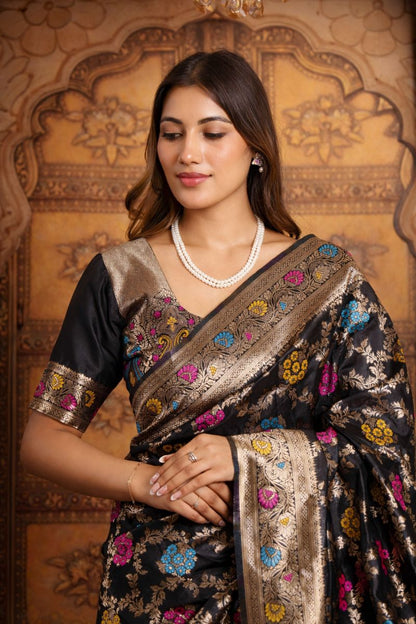 Black Banarasi Silk Saree with Multicolor Buta & Zari Weave