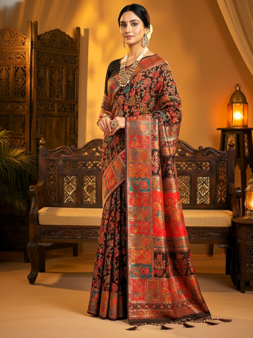 Black Multicolor Woven Kashmiri Jamewar Saree