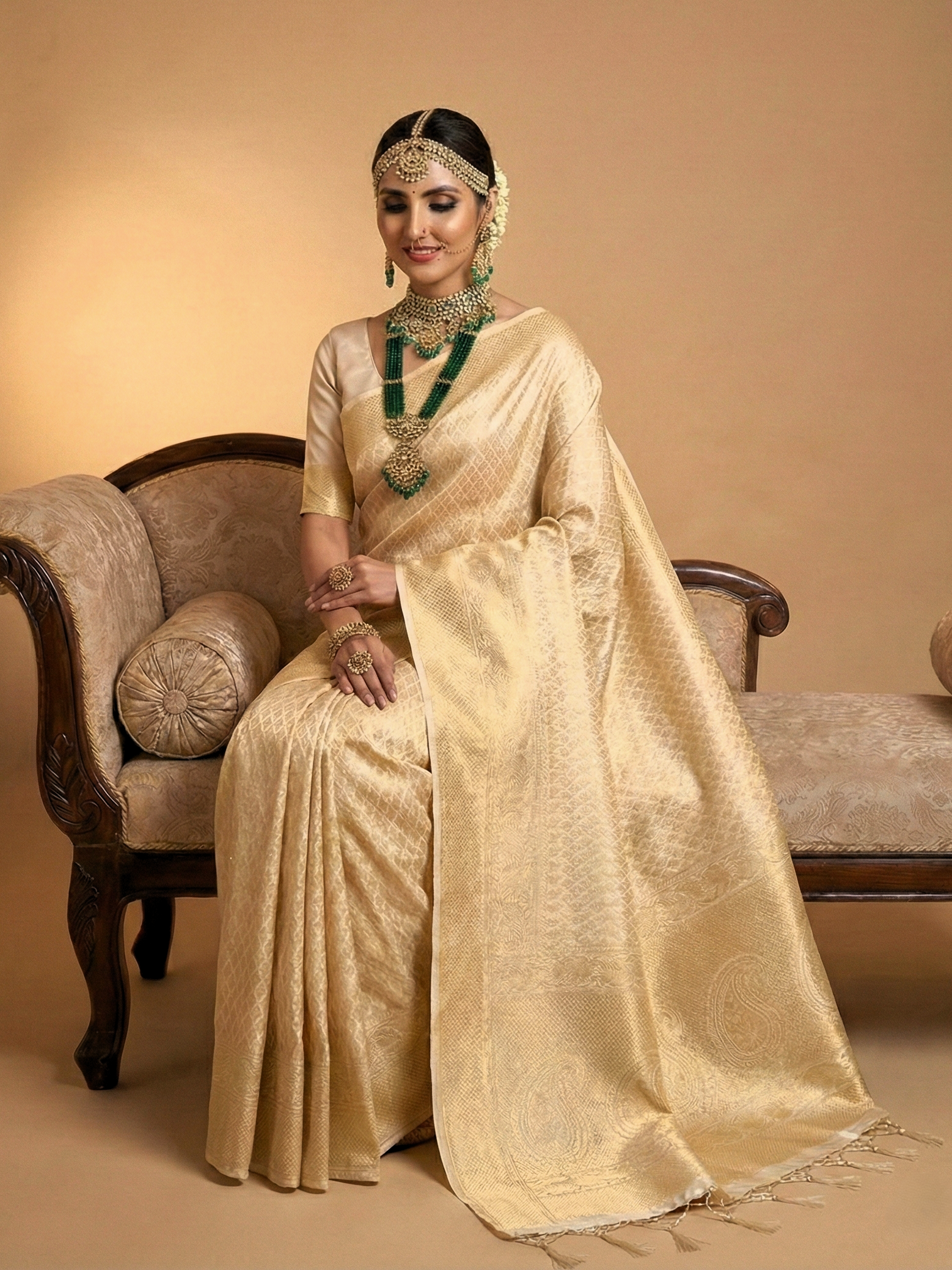 Maharani Cream Gold Silk Saree