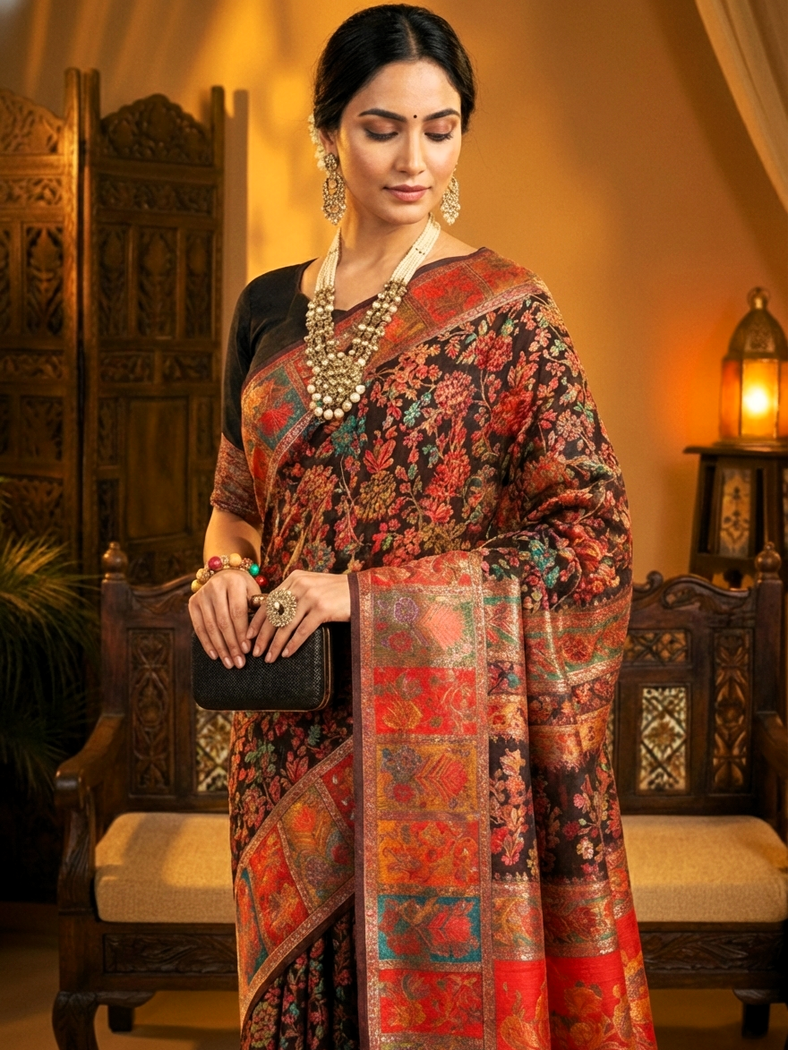 Black Multicolor Woven Kashmiri Jamewar Saree