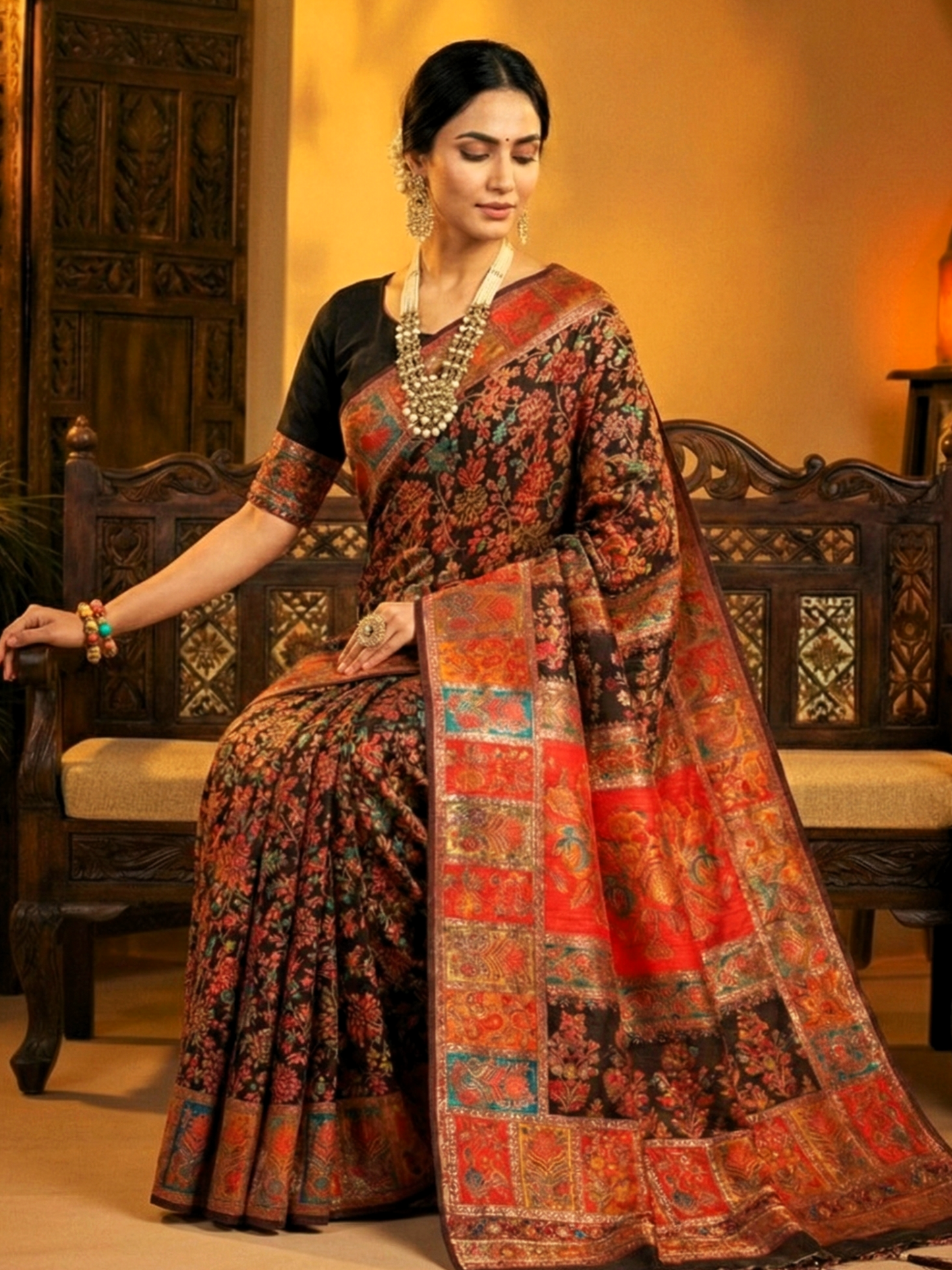 Black Multicolor Woven Kashmiri Jamewar Saree