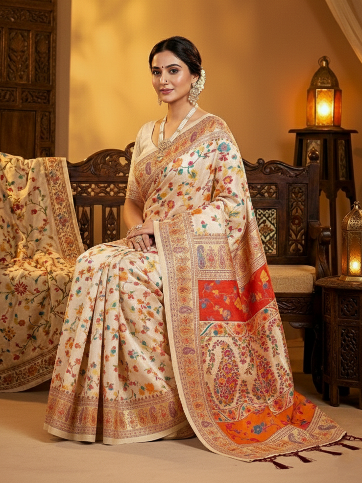 Noor-e-Kashmir Pashmina Silk Saree - Elegant White Ethnic Wear for Special Occasions