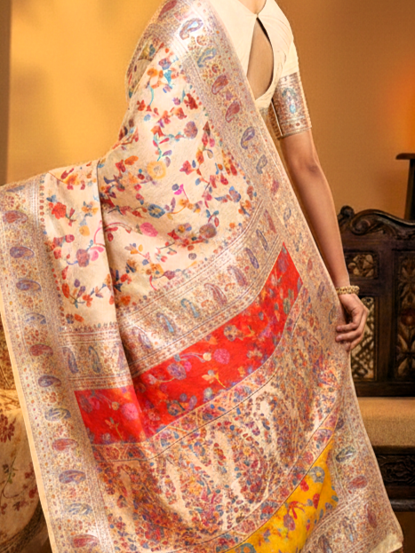 Noor-e-Kashmir Pashmina Silk Saree - Elegant White Ethnic Wear for Special Occasions