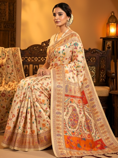 Noor-e-Kashmir Pashmina Silk Saree - Elegant White Ethnic Wear for Special Occasions