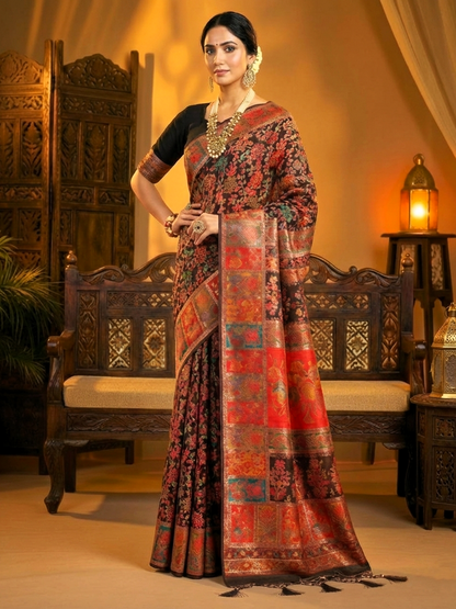 Black Multicolor Woven Kashmiri Jamewar Saree