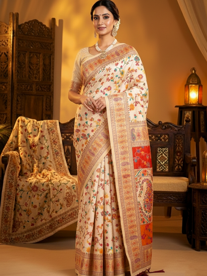 Noor-e-Kashmir Pashmina Silk Saree - Elegant White Ethnic Wear for Special Occasions