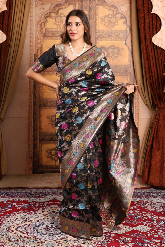 Black Banarasi Silk Saree with Multicolor Buta & Zari Weave