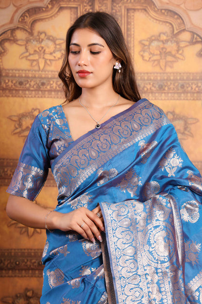 Royal Blue Banarasi Katan Silk Saree with Silver Zari