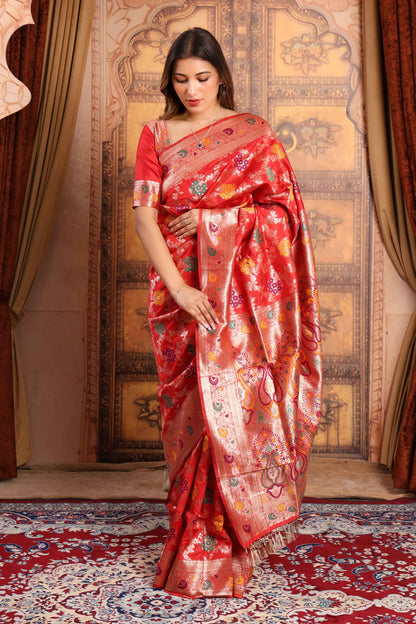Red Blossom Banarasi Silk Saree